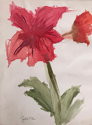 This flower was painted by Jane <br/>when she had the use of her hands.